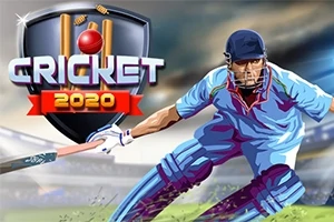 Bir kriket oyuncusu mavi forma giyerek, elinde sopasıyla atış yapmaya hazırlanırken arka planda büyük bir kriket kalkanının üzerinde Cricket 2020 yazısı yer almakta