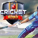 Bir kriket oyuncusu mavi forma giyerek, elinde sopasıyla atış yapmaya hazırlanırken arka planda büyük bir kriket kalkanının üzerinde Cricket 2020 yazısı yer almakta