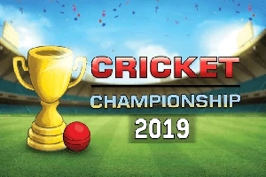 Altın bir kupa ve kırmızı bir kriket topu, stadyum arka planı önünde Cricket Championship 2019 yazısıyla