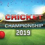 Altın bir kupa ve kırmızı bir kriket topu, stadyum arka planı önünde Cricket Championship 2019 yazısıyla
