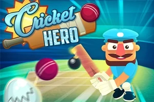 Mavi şapka ve eldiven giymiş bir karakter, elinde sopa ile bir sahada kriket topuna vuruyor; arkada Cricket Hero yazısı yer alıyor