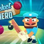 Mavi şapka ve eldiven giymiş bir karakter, elinde sopa ile bir sahada kriket topuna vuruyor; arkada Cricket Hero yazısı yer alıyor