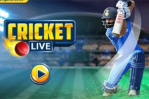 Bir kriket oyuncusu mavi forma ile topa vururken, ekranda Cricket Live yazısı ve bir oynat butonu bulunuyor