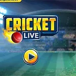 Bir kriket oyuncusu mavi forma ile topa vururken, ekranda Cricket Live yazısı ve bir oynat butonu bulunuyor