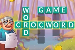 Yaşlı bir adam, orman fonunda CROCWORD, WORD ve GAME kelimelerinin bulunduğu bir bulmaca tahtasının yanında duruyor