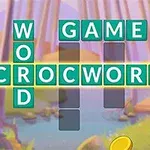 Yaşlı bir adam, orman fonunda CROCWORD, WORD ve GAME kelimelerinin bulunduğu bir bulmaca tahtasının yanında duruyor