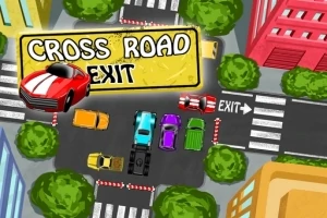 Çizgi film tarzında binalar ve ağaçlarla çevrili bir kavşakta farklı renkte arabalar ve CROSS ROAD EXIT yazılı bir tabela