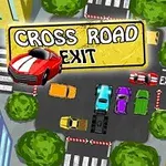 Çizgi film tarzında binalar ve ağaçlarla çevrili bir kavşakta farklı renkte arabalar ve CROSS ROAD EXIT yazılı bir tabela