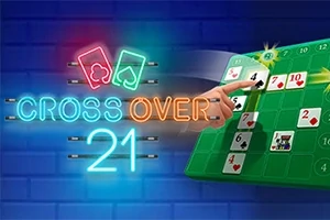 Mavi tuğla arka plan üzerinde neon CROSSOVER 21 yazısı ve kartlarla dolu bir tabloda sayıları işaret eden el
