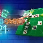 Mavi tuğla arka plan üzerinde neon CROSSOVER 21 yazısı ve kartlarla dolu bir tabloda sayıları işaret eden el