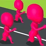 Pembe renkli üç karakter, yeşil arka planda siyah bir yolda koşuyor