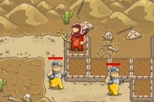 Kumlu bir arazide, kırmızı pelerinli okçunun ahşap platformda yüksek bir yere yerleştiği, kılıç taşıyan iki askerin ise yürüdüğü çizgi film tarzı bir sahne