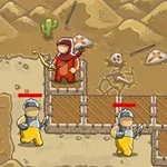 Kumlu bir arazide, kırmızı pelerinli okçunun ahşap platformda yüksek bir yere yerleştiği, kılıç taşıyan iki askerin ise yürüdüğü çizgi film tarzı bir sahne