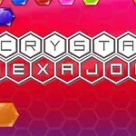 Kırmızı altıgen zemin üzerinde beyaz altıgen kutuların içinde CRYSTAL HEXAJONG yazısı ve etrafında renkli taşlar
