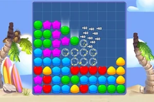 Mavi bir oyun ekranında renkli geometrik şekiller ve puan gösterimleri, arka planda plaj ve palmiyelerle birlikte