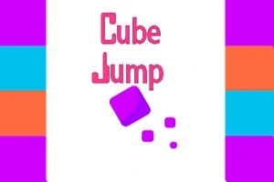 Renkli şeritler ve ortada pembe renkli bir küp ve yanında küçük küpler ile Cube Jump yazısı