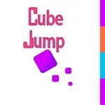 Renkli şeritler ve ortada pembe renkli bir küp ve yanında küçük küpler ile Cube Jump yazısı