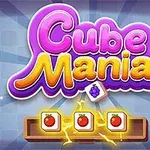 Mor ve sarı renklerle yazılmış Cube Mania yazısı ve altında şimşeklerle vurgulanan üç domates simgesi