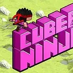 Pembe büyük harflerle CUBE NINJA yazısı, üstünde kırmızı bir karakterle ve yeşil bir arka planla