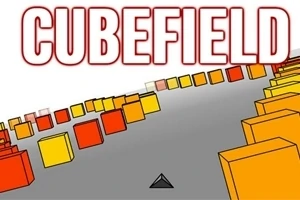 Büyük CUBEFIELD yazısının altında, gri bir yol üzerinde sıralanan turuncu ve kırmızı küpler ve merkezde bir üçgen gösterilmektedir