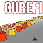 Büyük CUBEFIELD yazısının altında, gri bir yol üzerinde sıralanan turuncu ve kırmızı küpler ve merkezde bir üçgen gösterilmektedir
