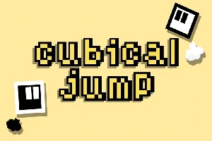 Sarı arka plan üzerinde cubical jump yazısı ve etrafında kare figürler
