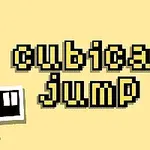 Sarı arka plan üzerinde cubical jump yazısı ve etrafında kare figürler