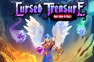 Kanatlı bir figür, ellerinde mor mücevherler tutuyor; etrafında süzülen renkli ruhlar ve neon renkte Cursed Treasure: One and a Half yazısı