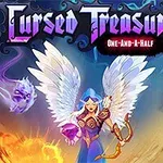 Kanatlı bir figür, ellerinde mor mücevherler tutuyor; etrafında süzülen renkli ruhlar ve neon renkte Cursed Treasure: One and a Half yazısı