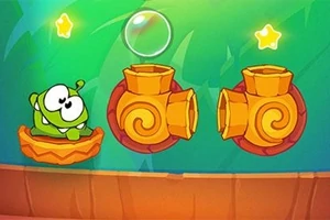 Yeşil renkli sevimli yaratık, turuncu bir platform üzerinde, etrafında yıldızlar ve iki turuncu boru ile çizgi film tarzında bir sahne