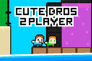 Pikselli iki karakter, Cute Bros 2 Player yazısının altında, rengarenk bir platformda duruyor