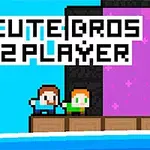 Pikselli iki karakter, Cute Bros 2 Player yazısının altında, rengarenk bir platformda duruyor