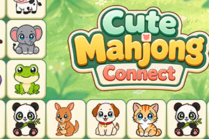 Yeşil yapraklı arka planda sevimli hayvan taşları ve ortada renkli Cute Mahjongs Connect yazısı