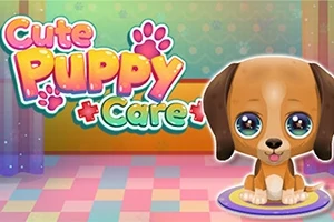 Büyük gözlü sevimli bir köpek yavrusu, renkli bir zemin üzerinde oturuyor ve yan tarafta Cute Puppy Care yazısı bulunuyor