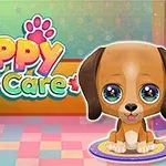 Büyük gözlü sevimli bir köpek yavrusu, renkli bir zemin üzerinde oturuyor ve yan tarafta Cute Puppy Care yazısı bulunuyor
