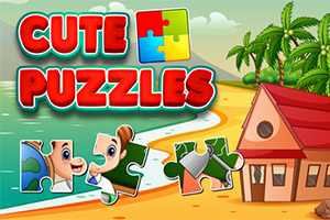 Sahilde palmiye ağaçları ve küçük bir kulübenin yanında Cute Puzzles yazılı bulmacaları gösteren renkli bir görüntü