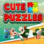 Sahilde palmiye ağaçları ve küçük bir kulübenin yanında Cute Puzzles yazılı bulmacaları gösteren renkli bir görüntü