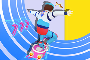 Mavi ve beyaz kıyafetler giymiş bir kişi, pembe bir hoverboard üzerinde dairesel mavi çizgilerle çevrili bir yüzeyde kayıyor