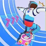 Mavi ve beyaz kıyafetler giymiş bir kişi, pembe bir hoverboard üzerinde dairesel mavi çizgilerle çevrili bir yüzeyde kayıyor