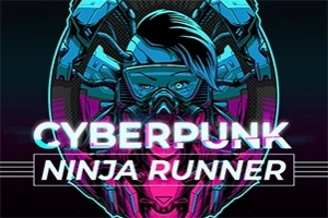 Siberpunk temalı, maske takmış bir karakter illüstrasyonu ve ön planda Cyberpunk Ninja Runner yazısı