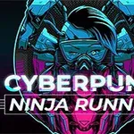 Siberpunk temalı, maske takmış bir karakter illüstrasyonu ve ön planda Cyberpunk Ninja Runner yazısı