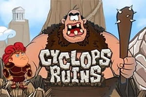 Kırmızı saçlı zırhlı bir karakter ile sopa tutan koca dişli dev bir yaratık, Cyclops Ruins metninin önünde duruyor