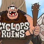 Kırmızı saçlı zırhlı bir karakter ile sopa tutan koca dişli dev bir yaratık, Cyclops Ruins metninin önünde duruyor
