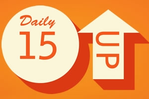Turuncu arka planda beyaz bir daire üzerinde Daily 15 yazısı ve yanında yukarıyı gösteren beyaz bir ok içinde Up yazısı bulunuyor