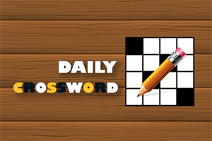Ahşap zeminde beyaz ve siyah harflerle DAILY CROSSWORD yazısı ve yanında kalemli bir kare bulmaca