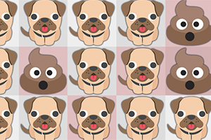 Kareli bir arka planda, köpek ve kaka emojileri sıralanmış