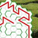 Kırmızı çizgiyle oluşturulmuş bir yol, arka planda yeşil bitki örtüsü ile beyaz altıgenler üzerinde gösterilmektedir