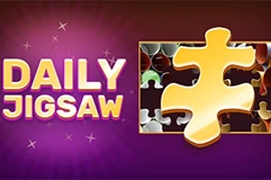 Mor arka plan üzerinde büyük sarı bir yapboz parçası ve Daily Jigsaw yazısı