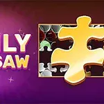 Mor arka plan üzerinde büyük sarı bir yapboz parçası ve Daily Jigsaw yazısı
