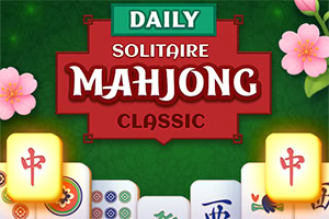 Yeşil bir arka plan üzerinde, Daily Solitaire Mahjong Classic yazısı ve çiçek motifleri ile çevrelenmiş renkli taşlar